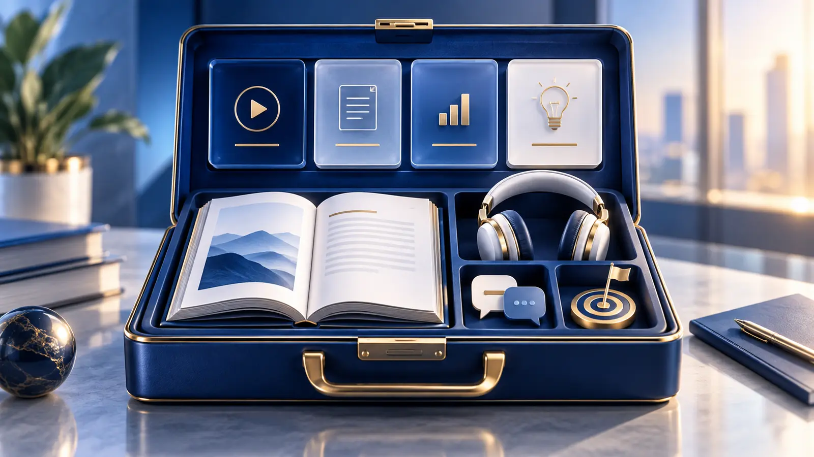 A premium learning kit with a book, headphones, video, document, progress, and goal resources.