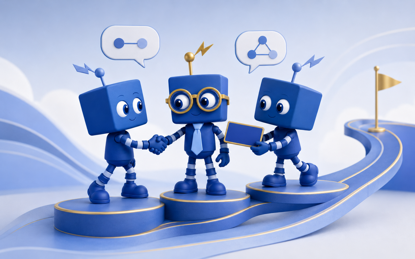 Sonoco University Organizational Development: three blue SIMON mascots shaking hands and sharing a tablet on connected podiums along a gold-lined pathway