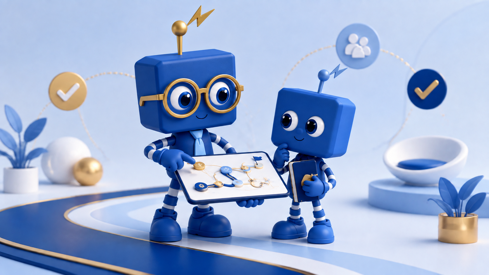 Two SIMON learning mascots reviewing a team learning plan together.