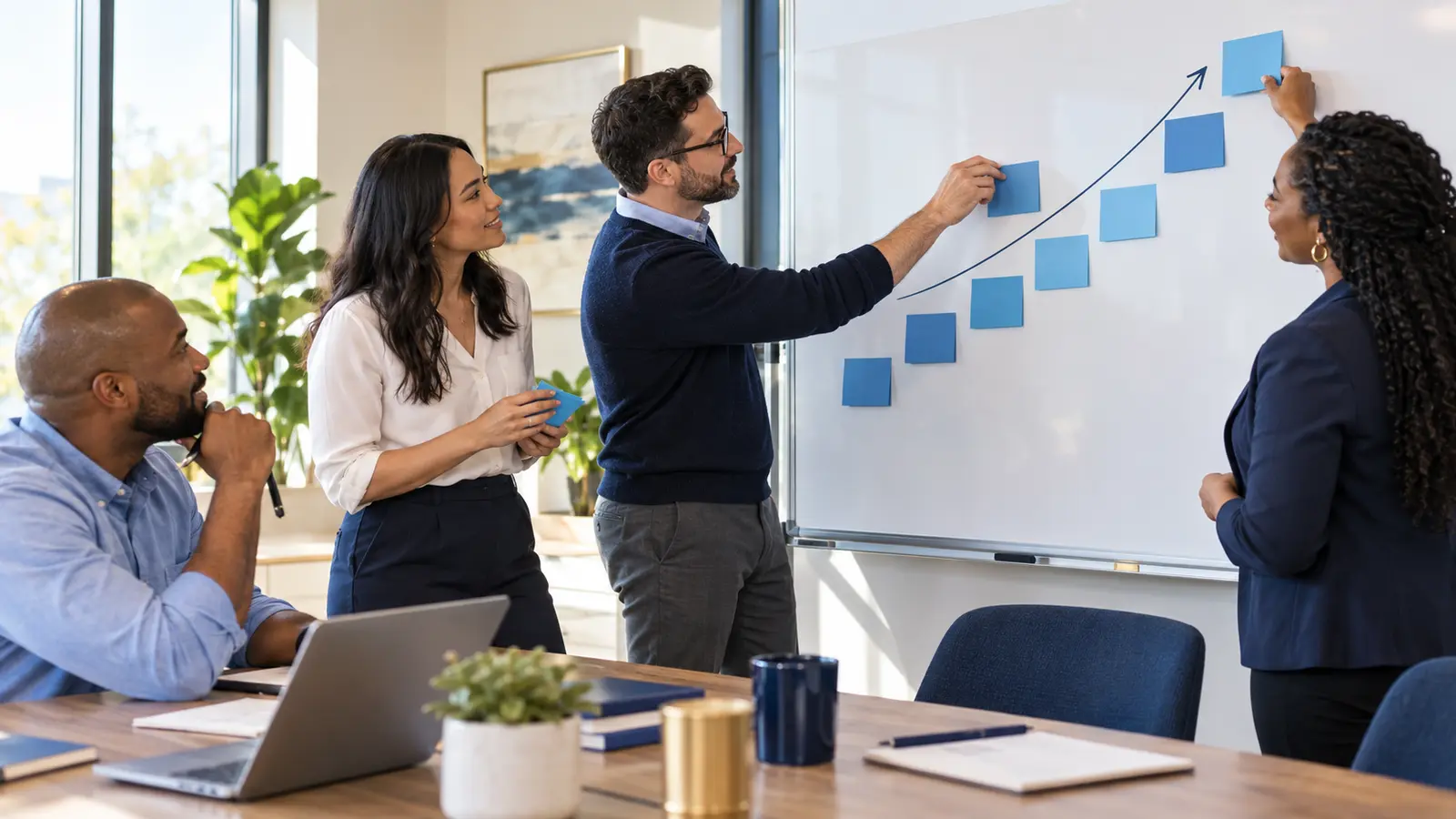 A team mapping an upward development pathway with blue notes on a whiteboard.