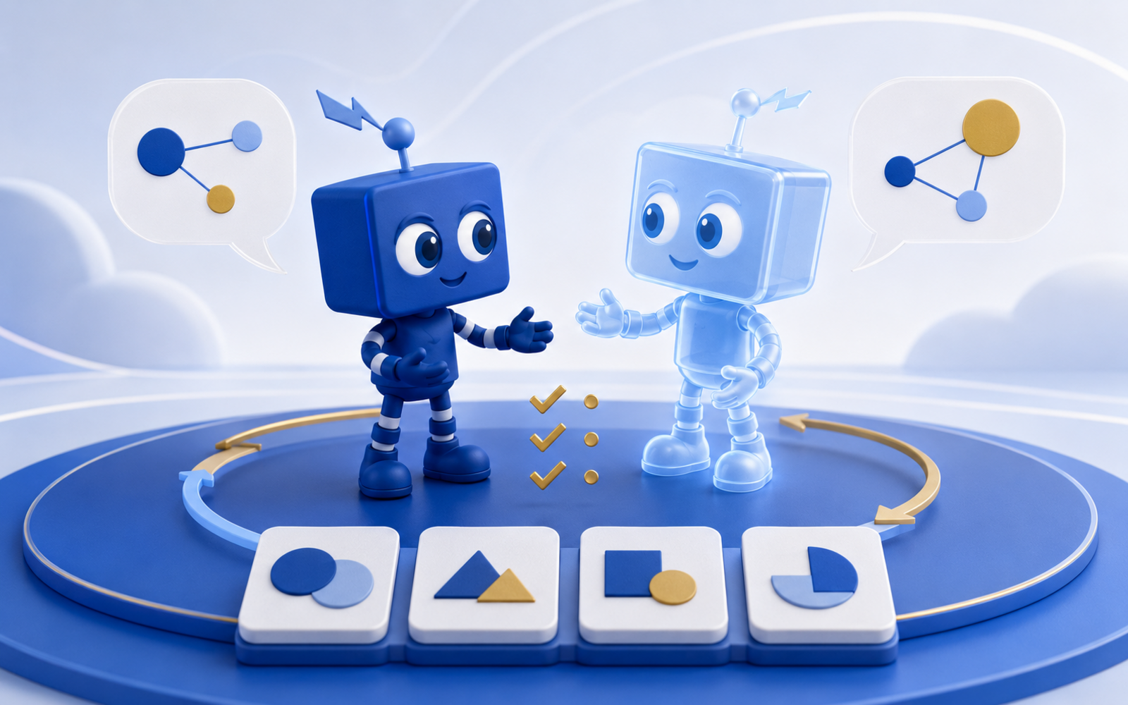 Sonoco University AI and Packaged Learning: a blue SIMON mascot beside a translucent AI twin with content tiles and a gold refresh loop