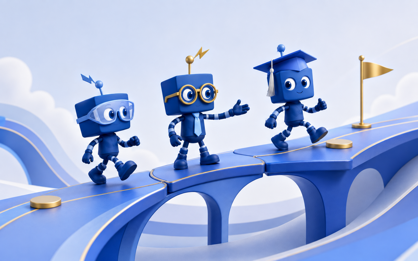 Sonoco University Leadership Programs: three blue SIMON mascots walking up a rising bridge pathway toward a gold flag, the last wearing a graduation cap