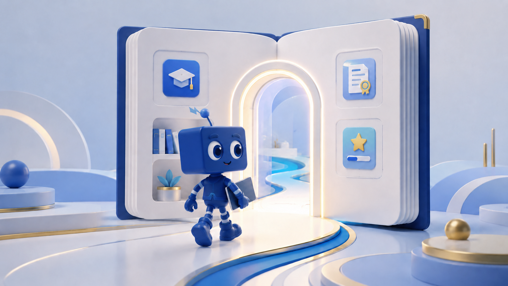 SIMON learning mascot entering an open-book Sonoco University learning portal.