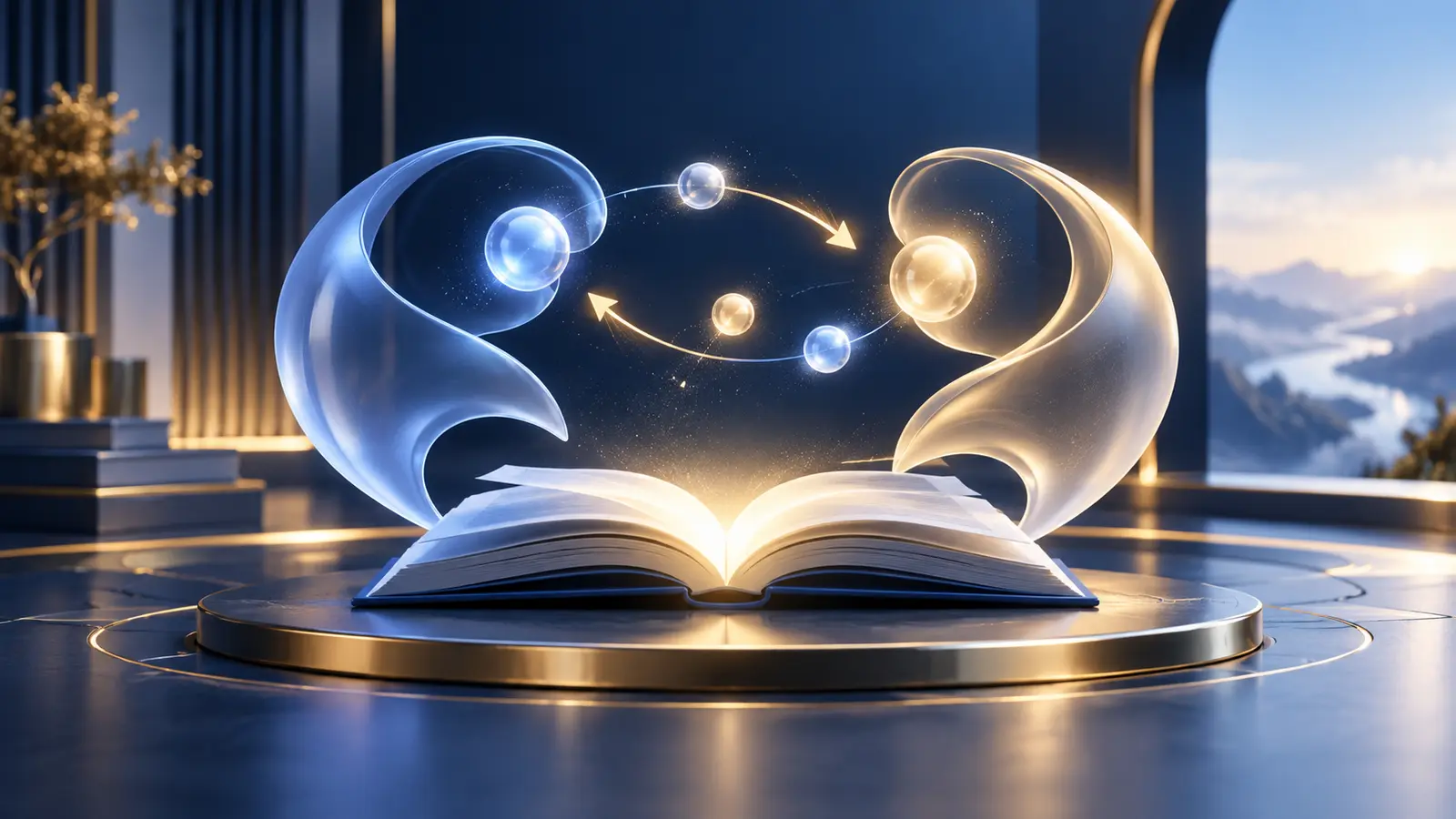 An illuminated open book connecting two abstract learning partners through a shared exchange of ideas.