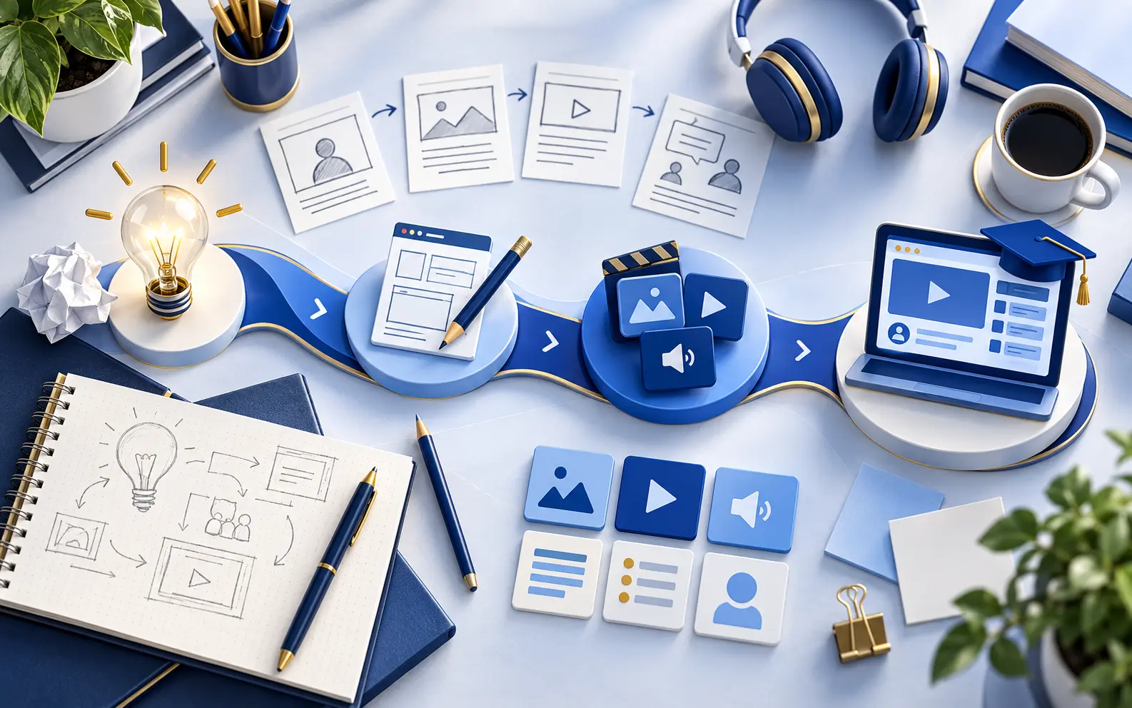A designer's desk with storyboards, wireframes, media tiles and a laptop course preview, showing the course design process.