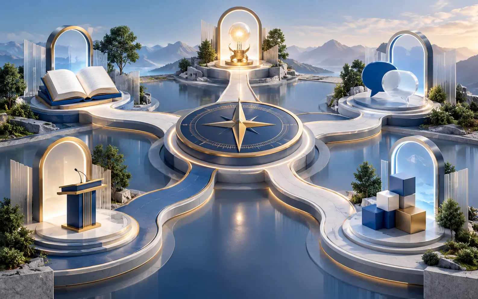 A stylized learning pathway compass with open books, conversation, and leadership symbols branching across calm water.