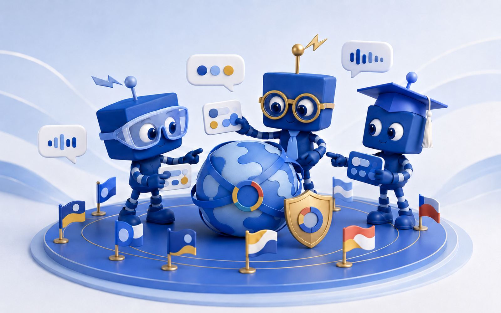 Sonoco University Languages and Safety: three blue SIMON mascots around a globe with world flags, speech bubbles and a gold safety shield