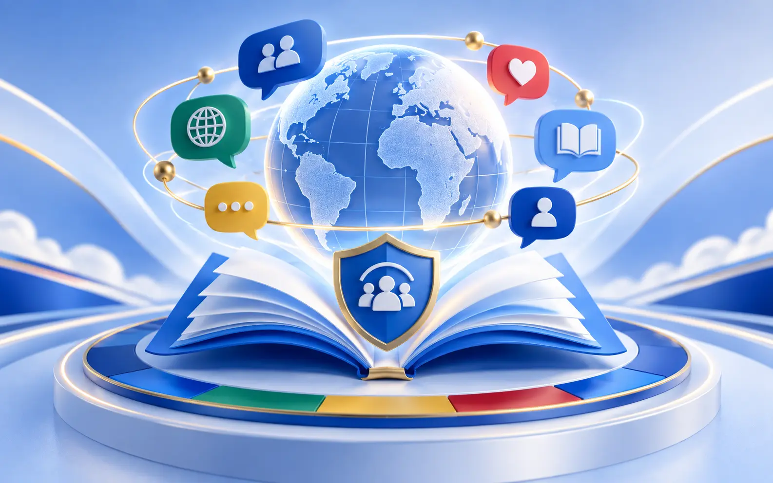 A globe circled by speech bubbles in several languages above an open book with a safety shield.