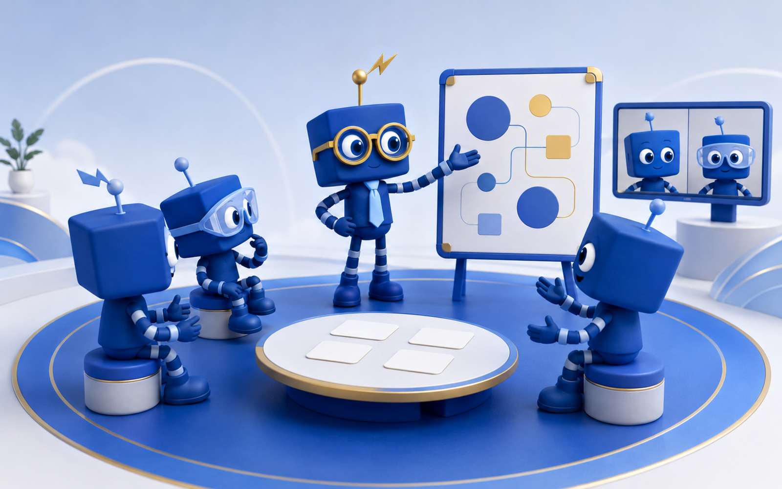 Sonoco University Live Training and Facilitation: a blue SIMON facilitator at a whiteboard leading mascots seated around a round table with a remote participant on screen