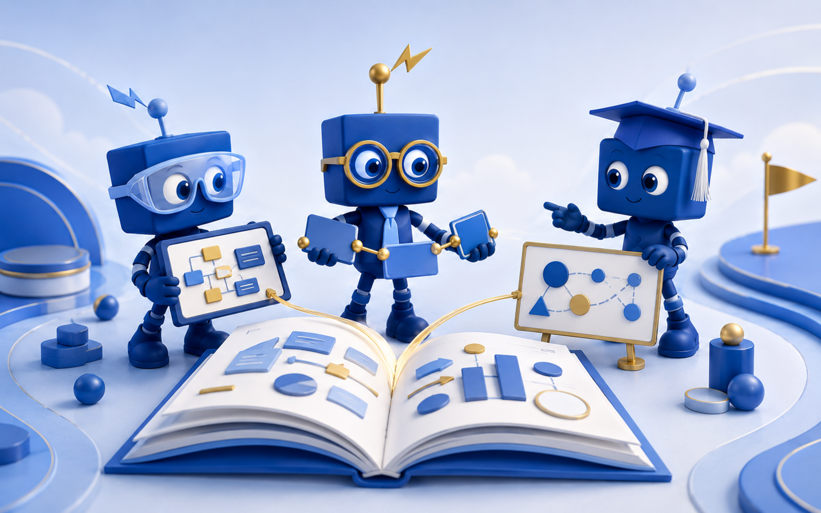 Sonoco University: blue SIMON mascots collaborating around learning materials