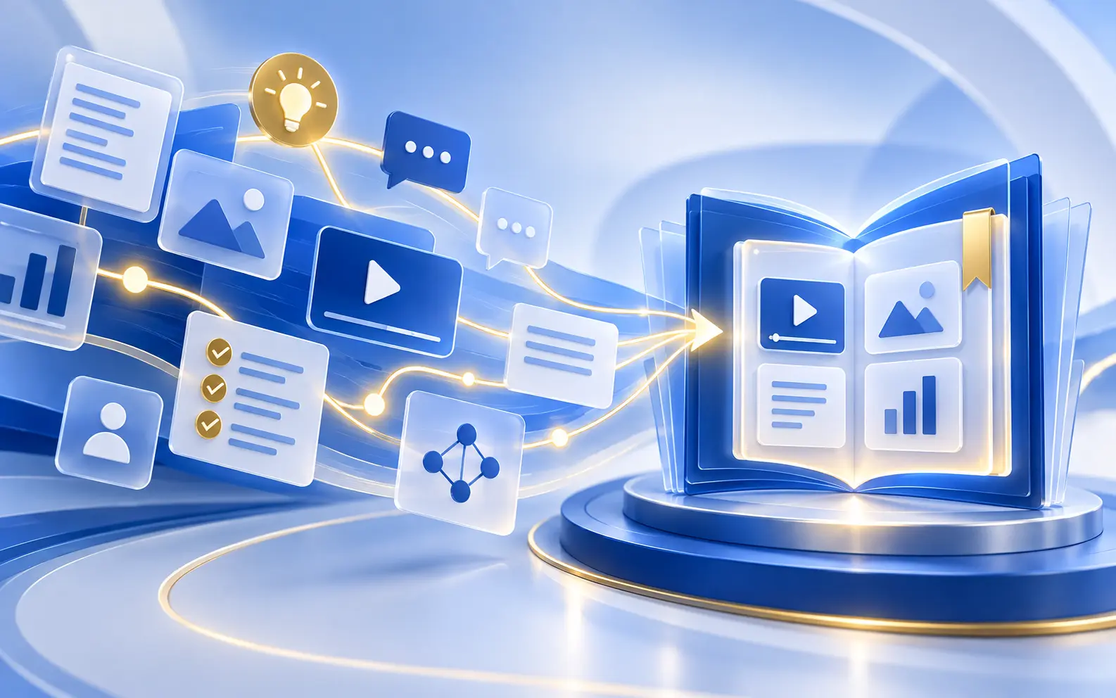 Content tiles for video, text, images and checklists flowing along a gold path into an assembled digital course book.