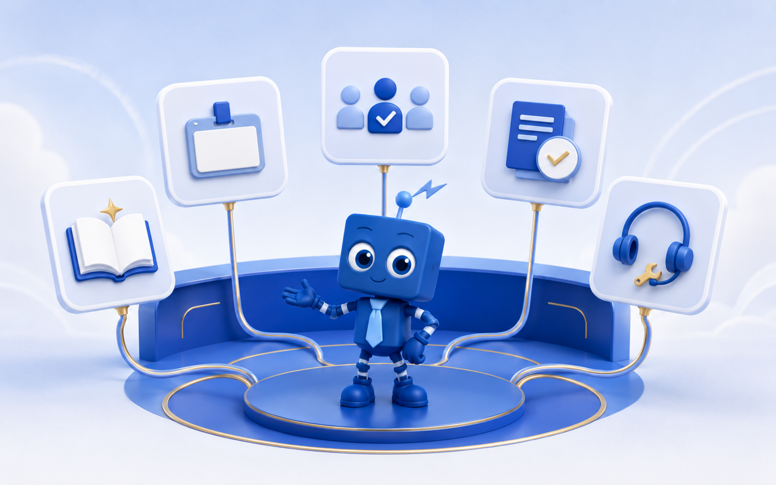Sonoco University Support: a blue SIMON mascot on a podium surrounded by five floating request cards for learning needs, access, enrollment, records and troubleshooting