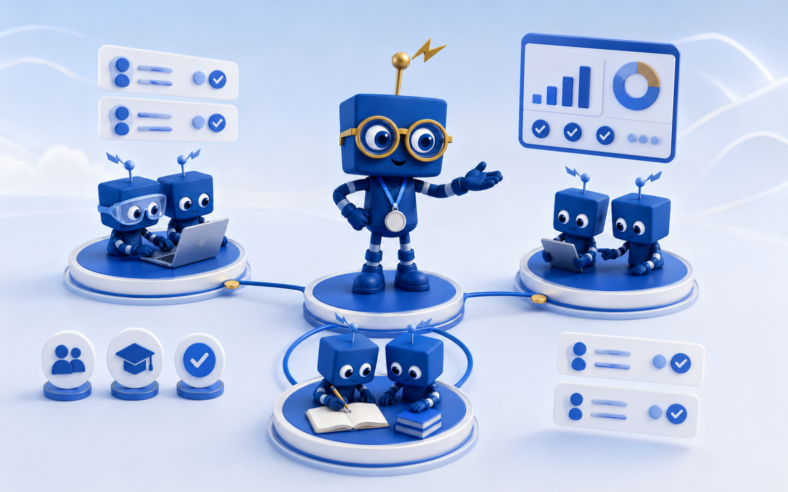 Sonoco University Learning Coordinators: a blue SIMON coordinator on a central podium linked to mascot teams with rosters, laptops and a reporting dashboard