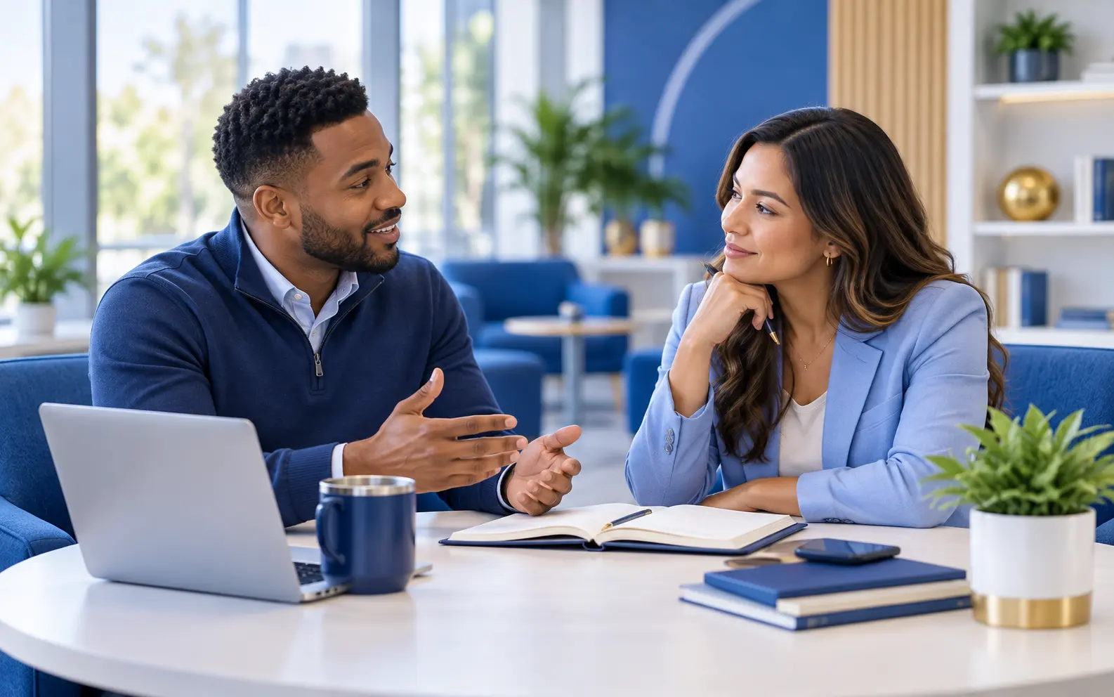 Two colleagues in a bright office having a development conversation with a notebook and laptop between them.