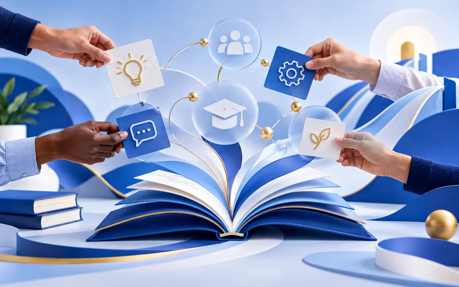 Hands adding lightbulb, people, gear and growth icons around an open book, representing a shared learning culture.