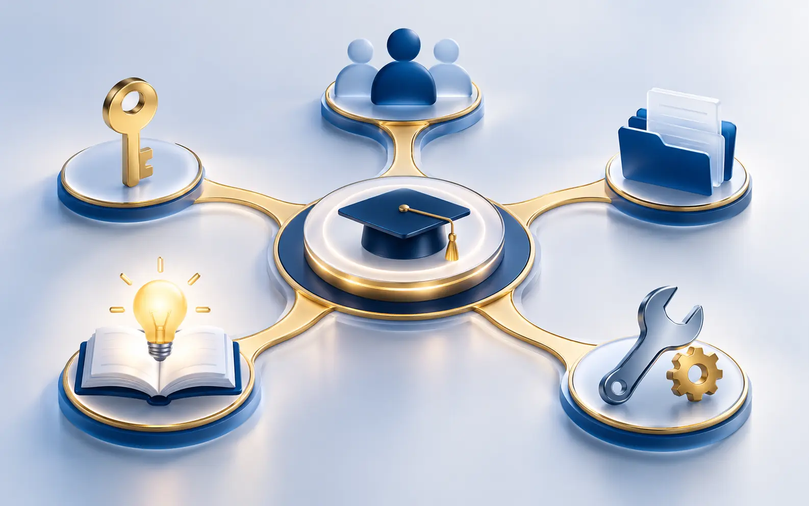 A central graduation-cap hub connected by gold paths to a key, people, folders, a wrench and an open book, representing five support request types.